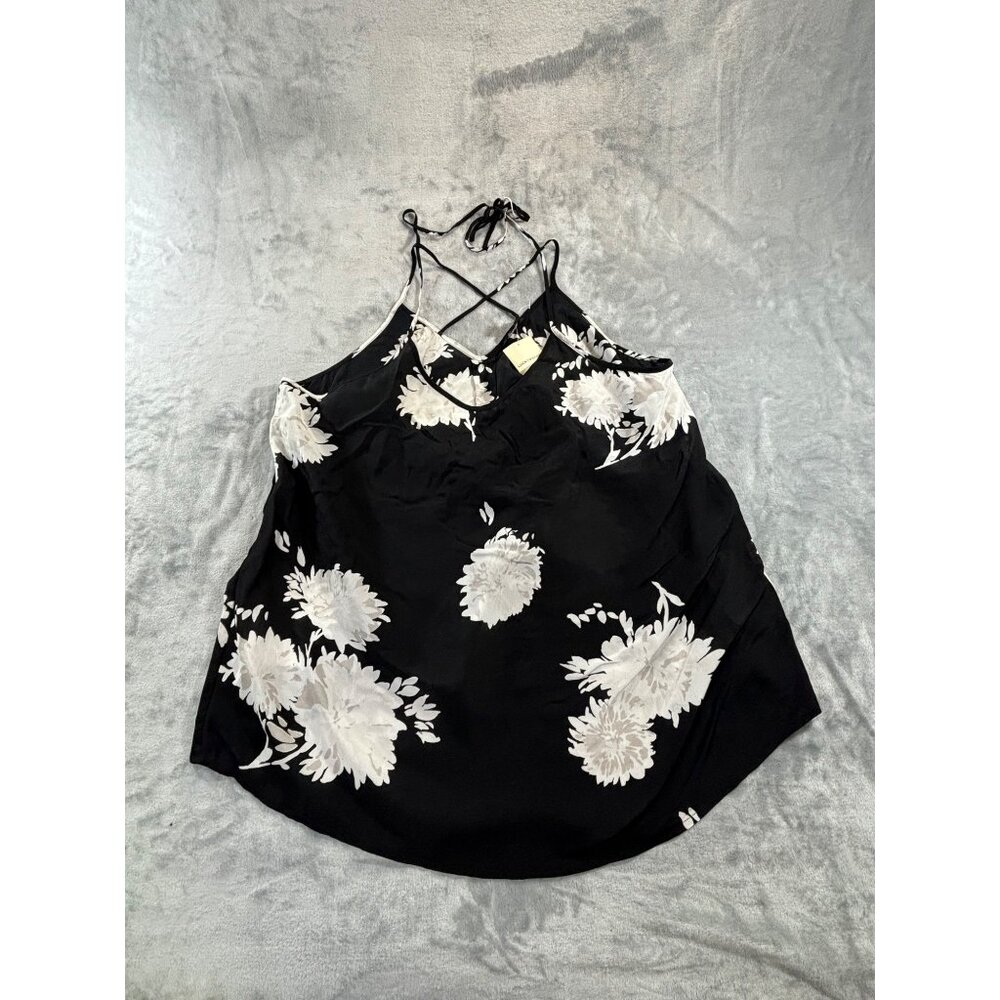 Lucky Brand Tank Top Women's XL Black and White floral Criss Cross and neck Tie